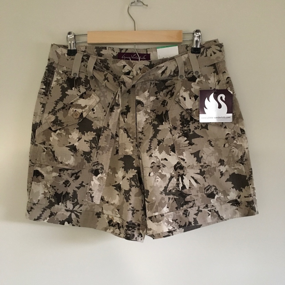 Gloria Vanderbilt Sz 8 Womens Amy Cienega Tan Camo Belted Shorts Rip Stop Cotton